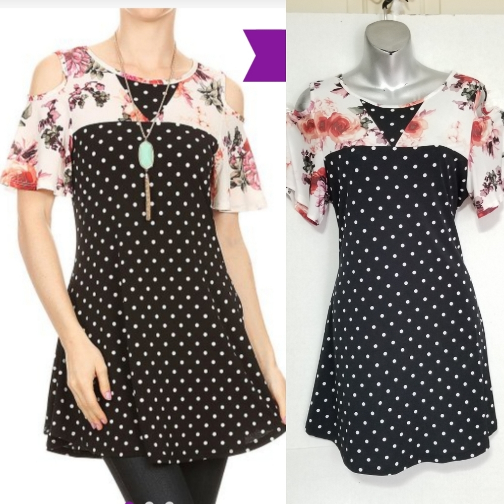 Ivory Black Polka Dot Floral ShoulderCutout Tunic